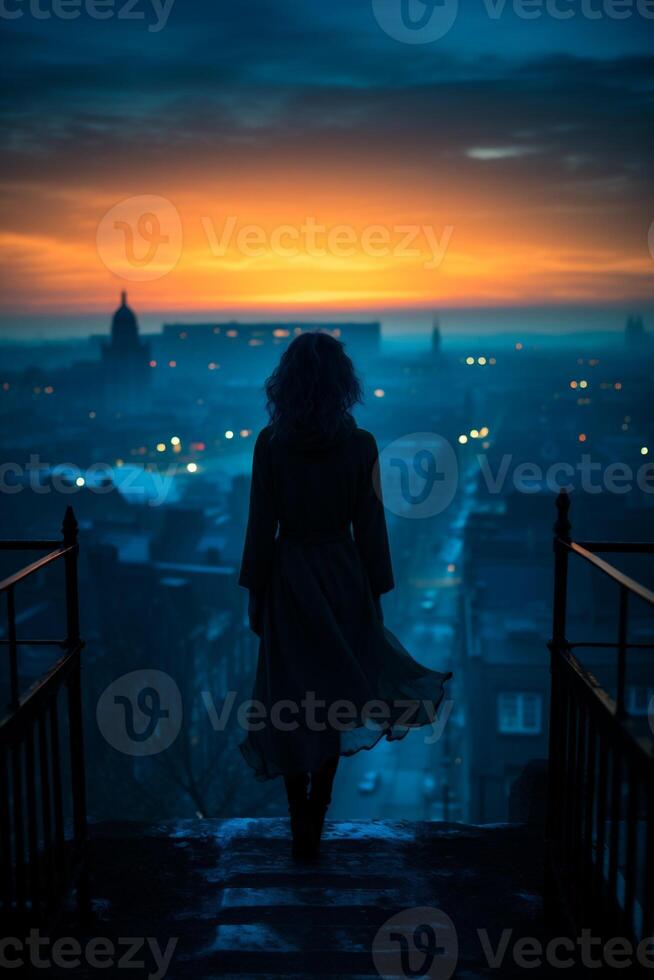 ai generiert Silhouette von ein Mädchen im ein lange Kleid auf das Hintergrund von das Stadt beim Sonnenuntergang foto