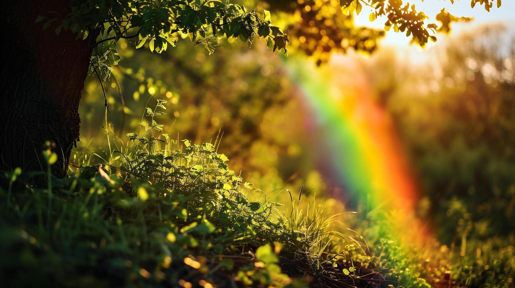 ai generiert Regenbogen Über ein Baum im ein Wiese mit Regentropfen. foto