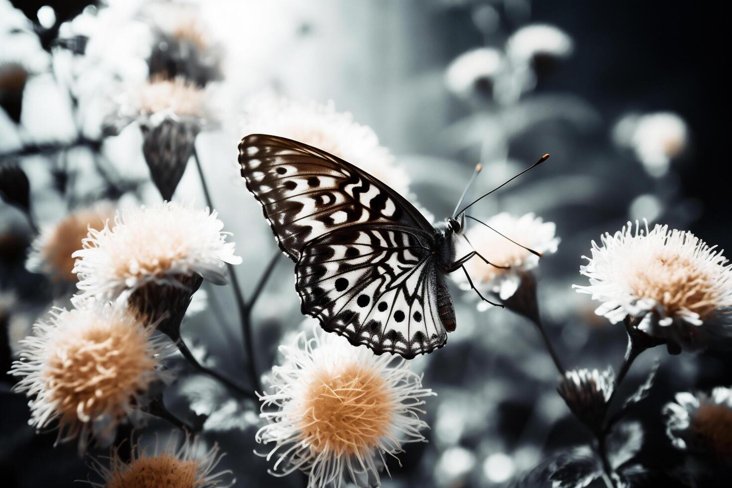 ai generiert Schmetterling auf Blume im das Garten mit Filter bewirken retro Jahrgang Stil foto