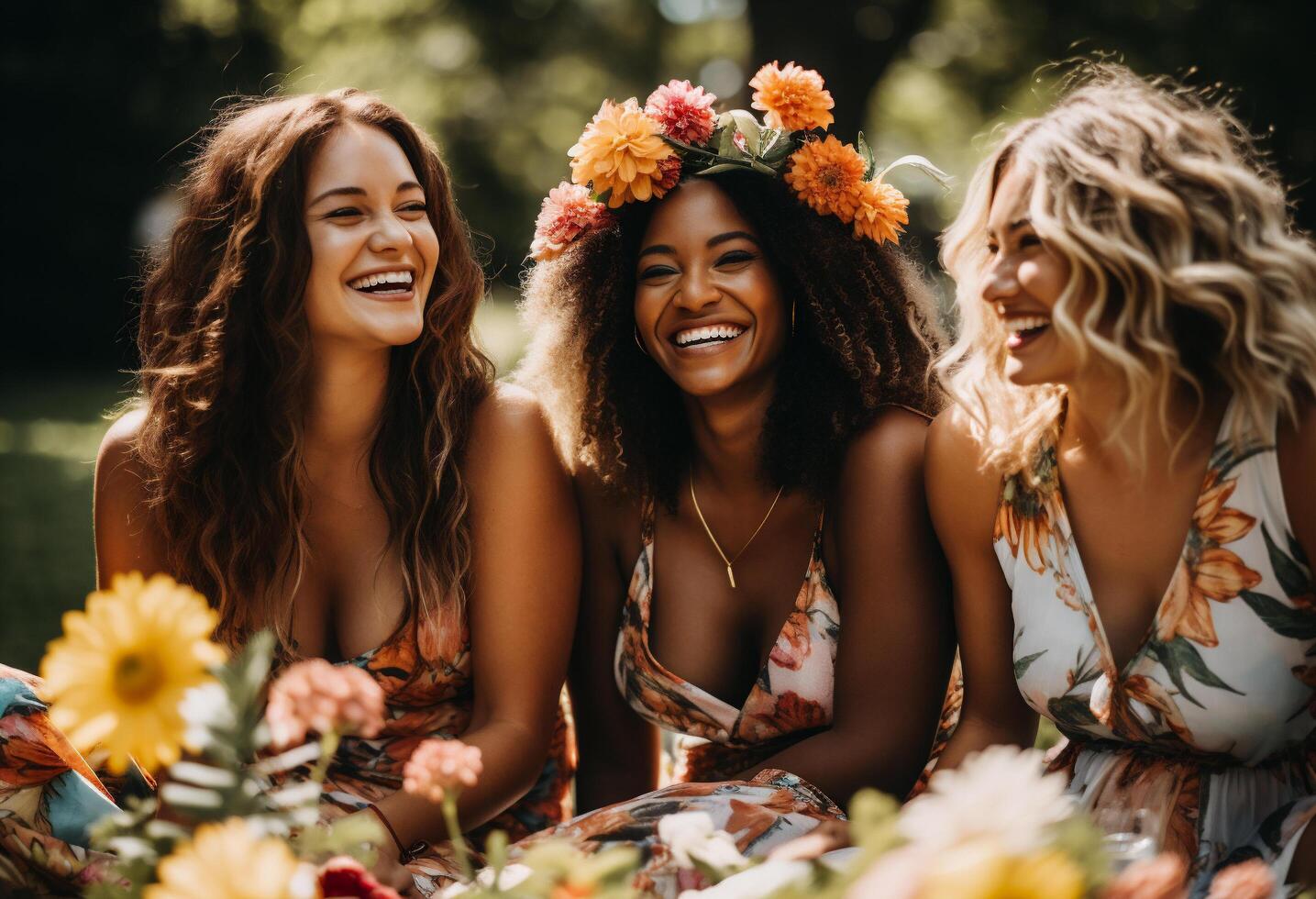 ai generiert vielfältig Frauen Sitzung auf Gras im Garten. Frühling Zeit foto