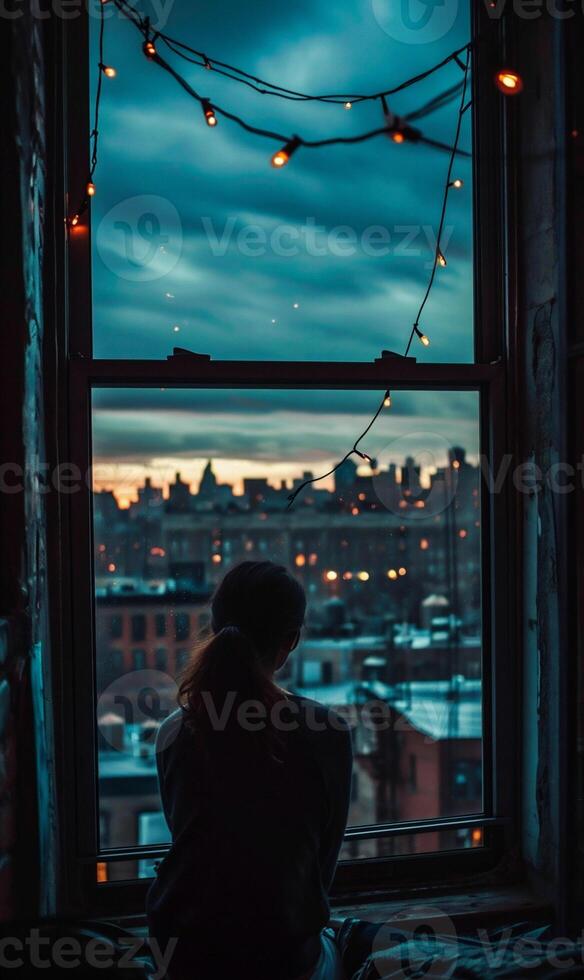 ai generiert ein jung Frau sieht aus aus das Fenster beim das Stadt beim Nacht. foto