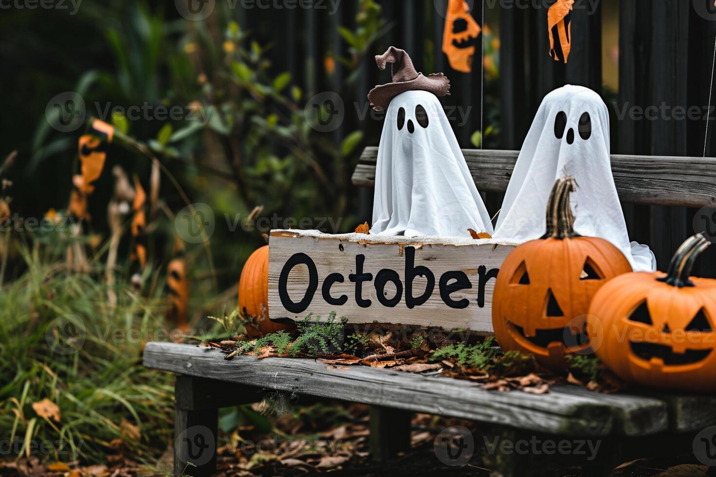 ai generiert Halloween Dekorationen auf hölzern Bank mit Kopieren Raum. glücklich Halloween Konzept. foto