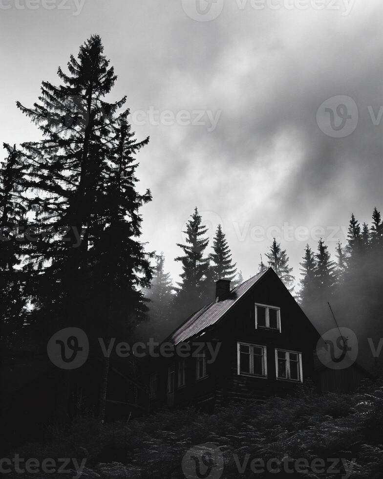ai generiert hölzern Haus im das Winter Wald. schwarz und Weiß Bild. foto