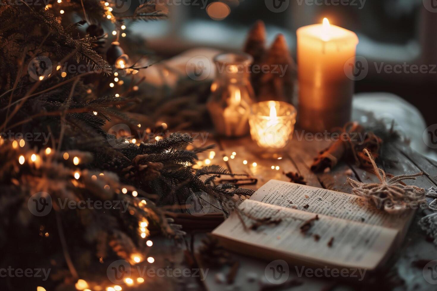 ai generiert Weihnachten und Neu Jahr Ferien Hintergrund mit Bokeh Beleuchtung und Tanne Baum Geäst foto