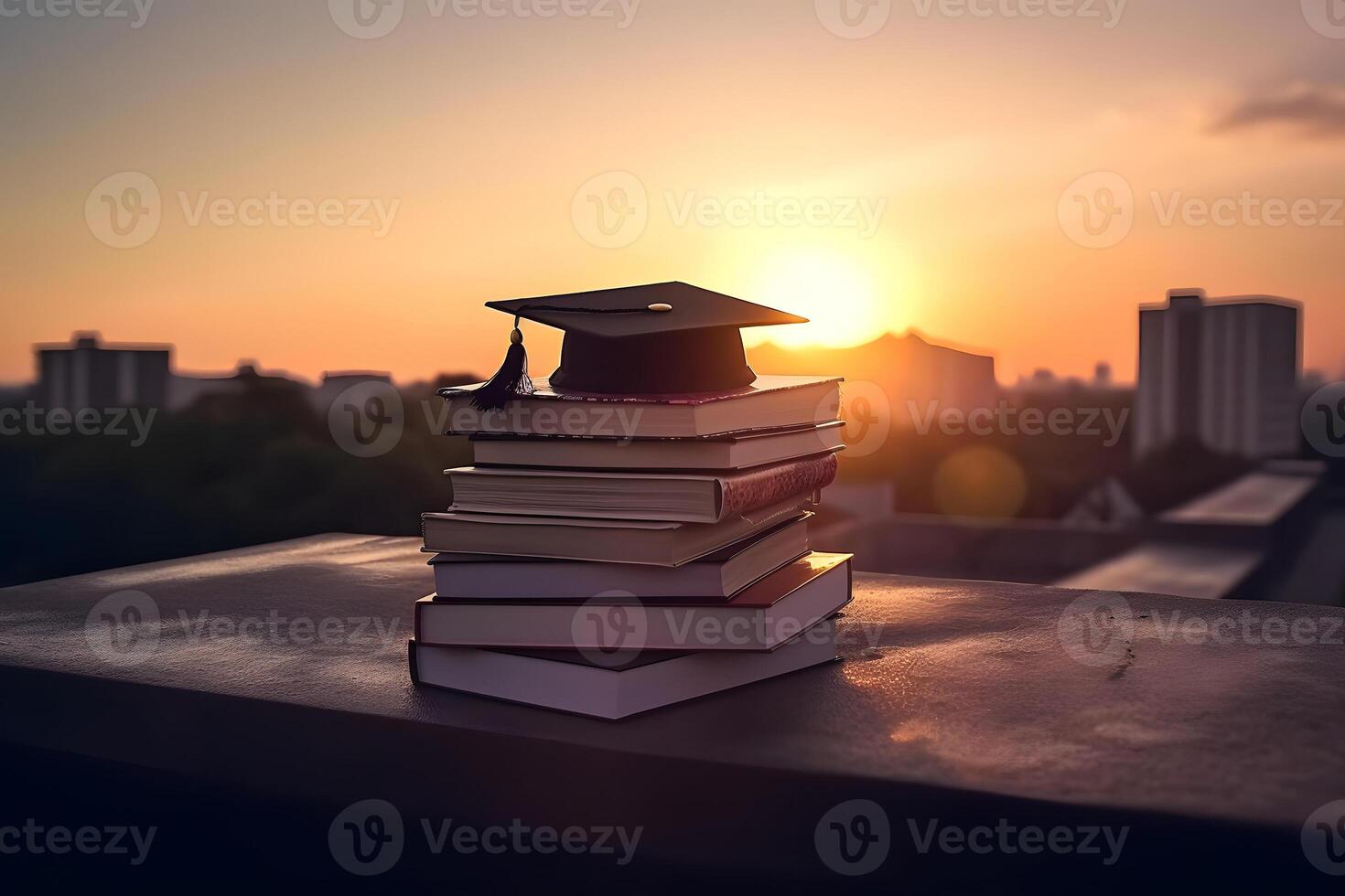 ai generiert ein Stapel von Bücher und Abschluss Deckel auf das Dach mit das Sonnenuntergang im das Hintergrund, neural Netzwerk generiert Bild foto