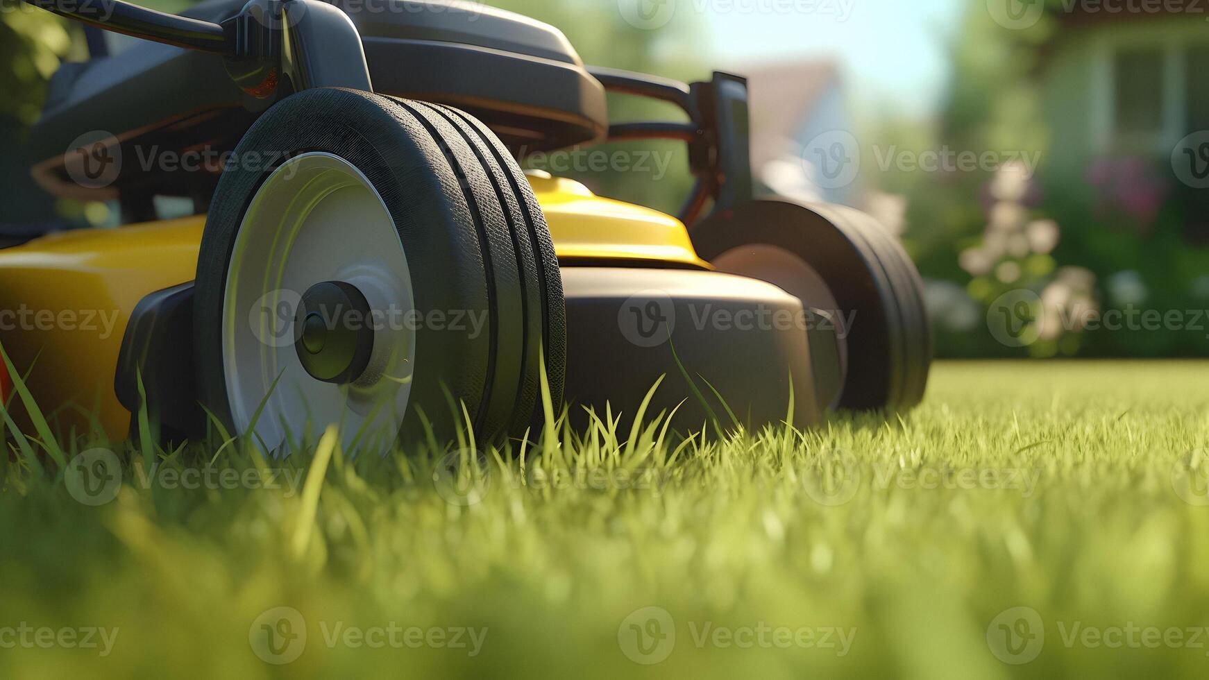 ai generiert schließen oben von Rasen Mäher im Aktion auf Rasen beim sonnig Sommer- Tag, neur al Netzwerk generiert Bild foto