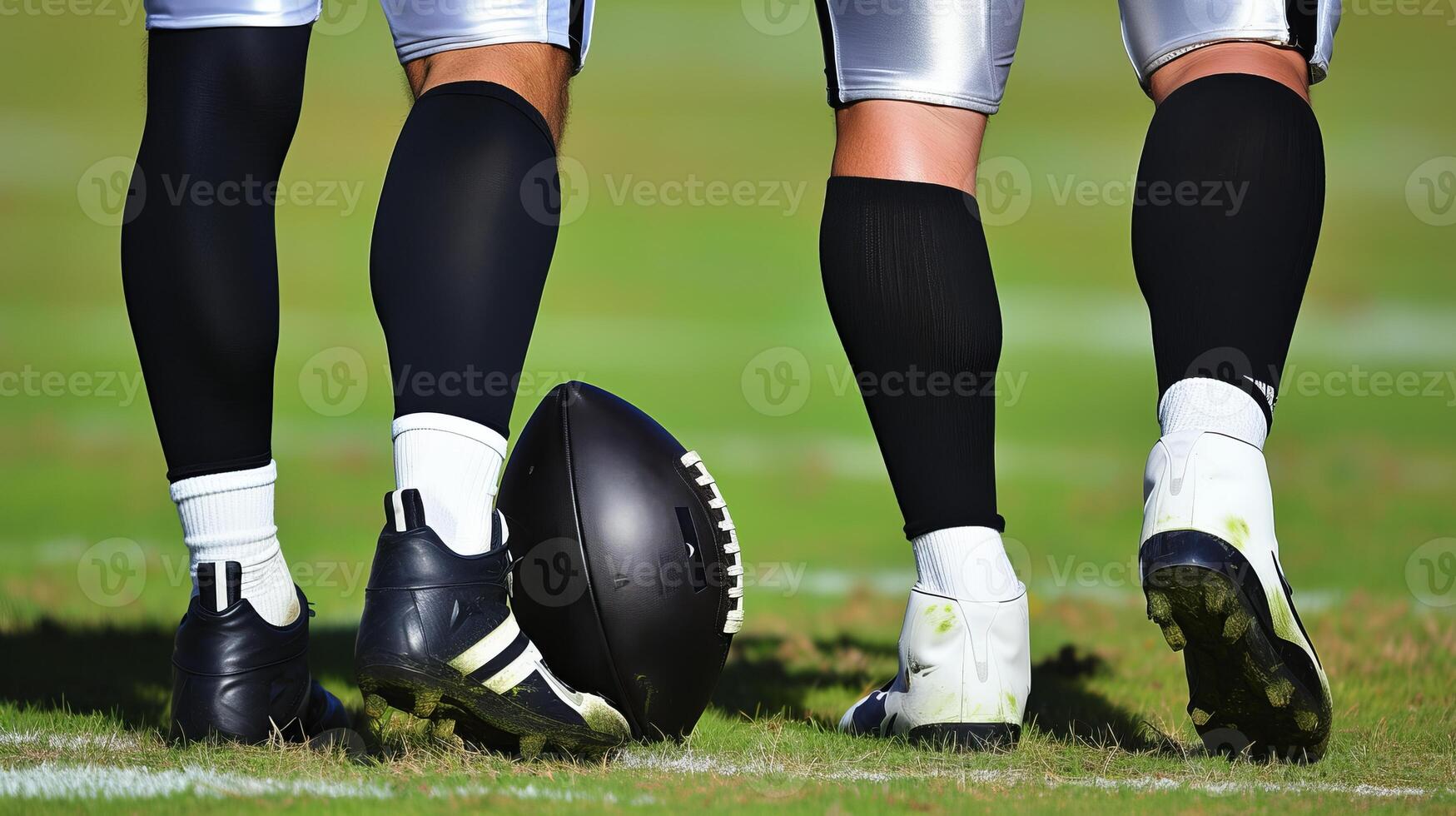 ai generiert amerikanisch Fußball Spieler vorbereiten zum Anstoß zu Start ihr Spiel auf das Feld foto