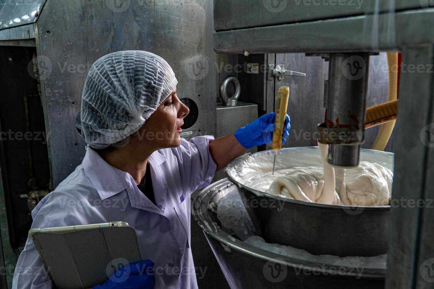 Kaukasus Frau Arbeiten im ein Essen Fabrik tragen schützend Kleider und Handschuhe. foto