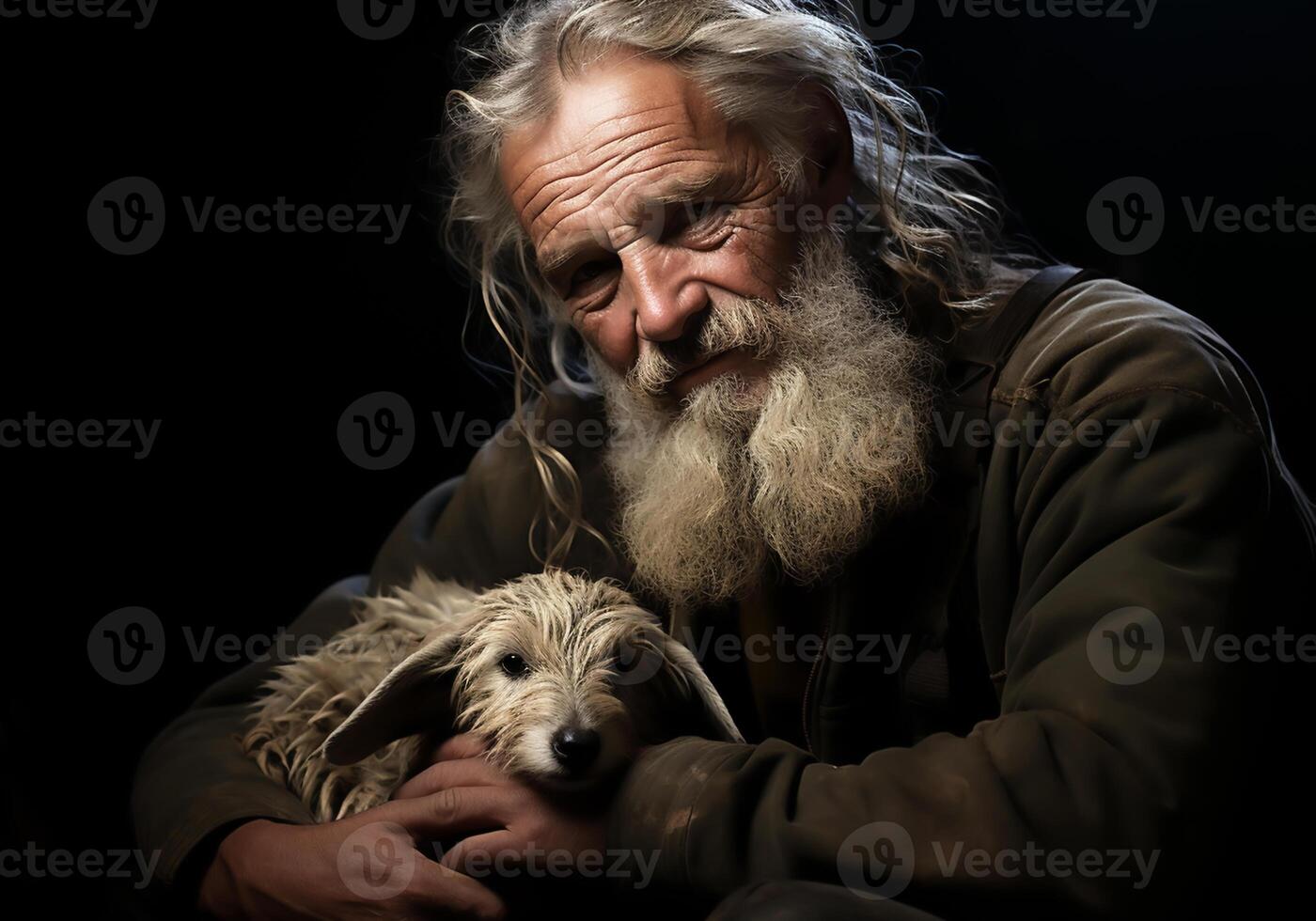 ai generiert Porträt von ein Moment von Zuneigung zwischen ein Alten Farmer Mann und seine Hund. Pflege und Aufmerksamkeit. inländisch und Bauernhof Tiere. foto