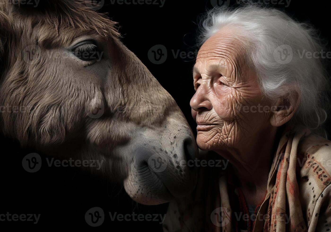 ai generiert Porträt von ein Moment von Zuneigung zwischen ein Alten Farmer Frau und seine Esel. Pflege und Aufmerksamkeit. inländisch und Bauernhof Tiere. foto