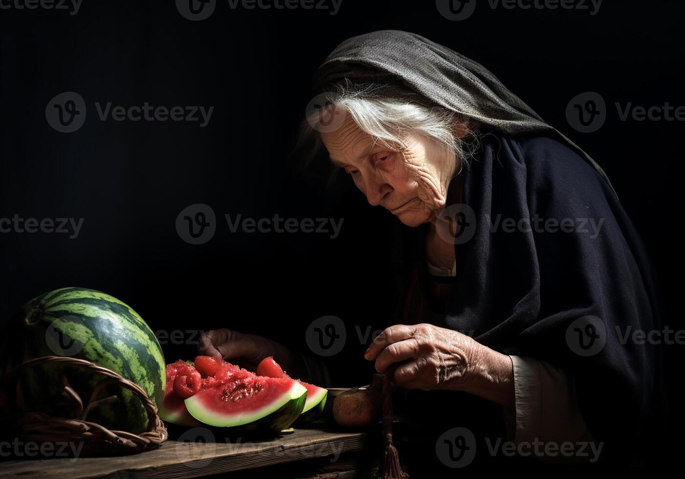 ai generiert Porträt von ein Alten Farmer Frau im ihr rustikal Küche vorbereiten Wassermelone zu essen. Essen und gesund Leben. foto