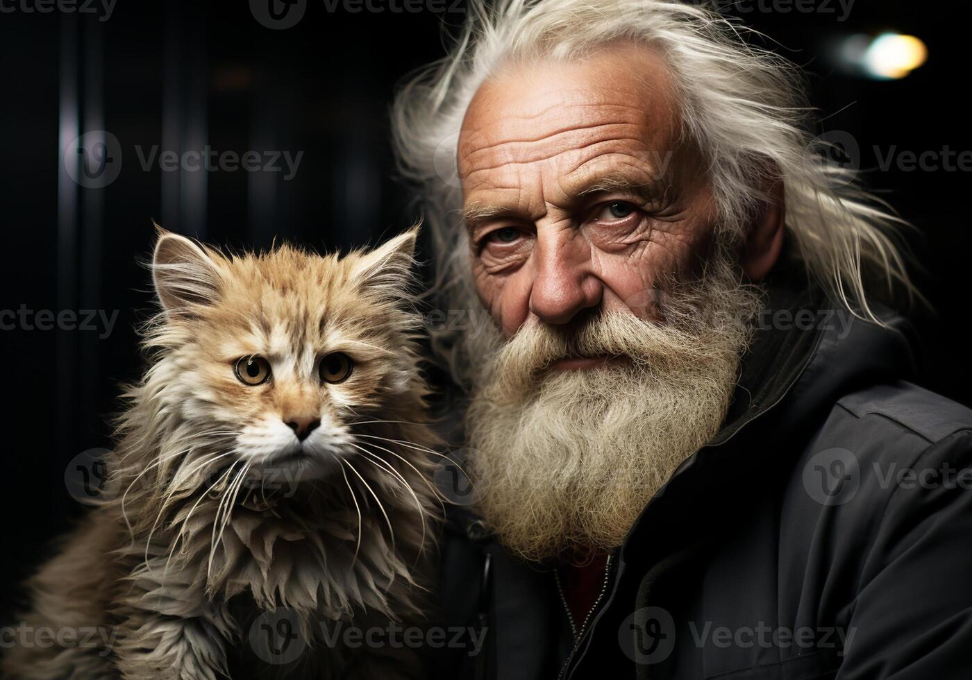 ai generiert Porträt von ein Moment von Zuneigung zwischen ein Alten Mann und seine Katze. Pflege und Aufmerksamkeit. inländisch und Bauernhof Tiere. foto