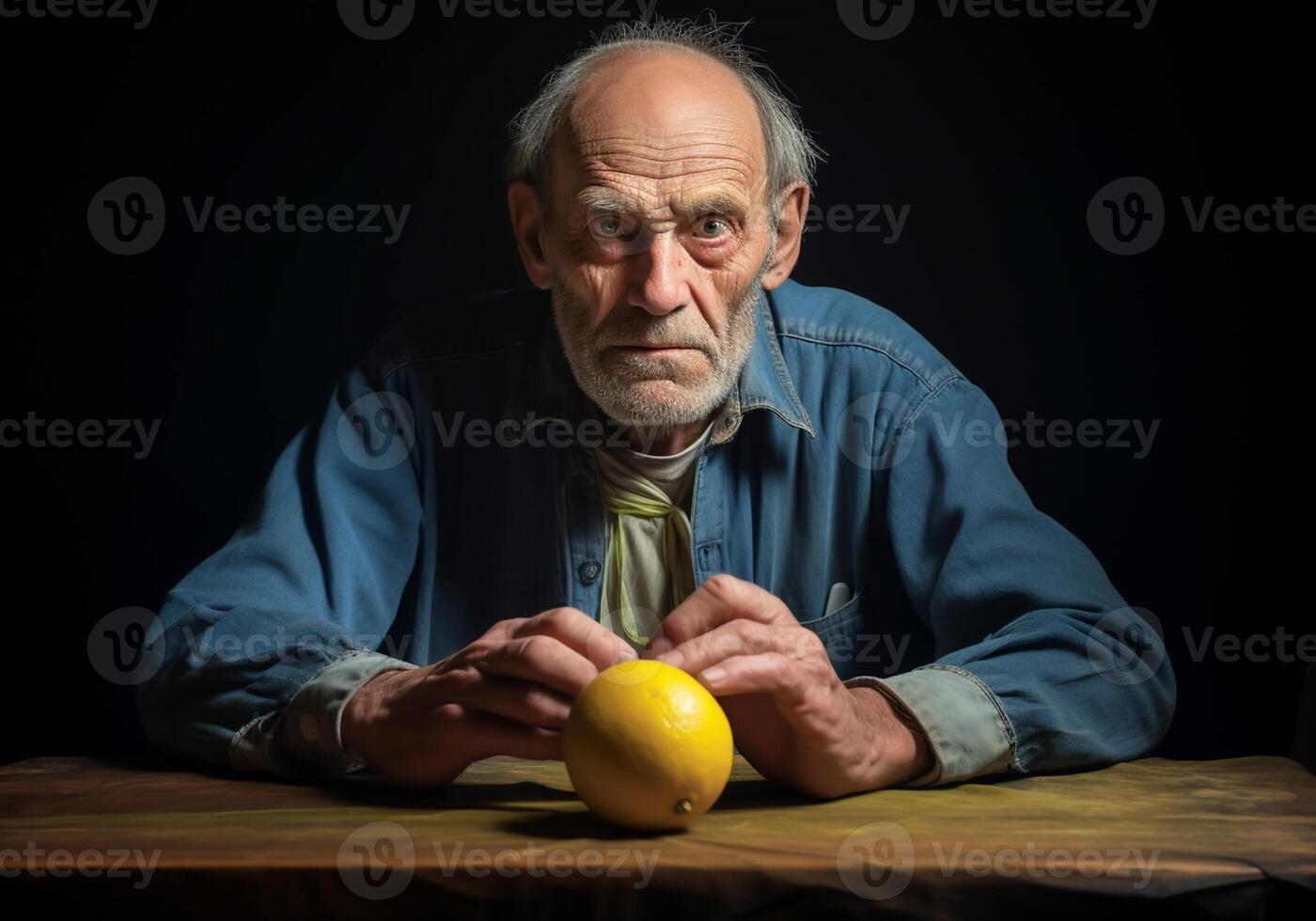 ai generiert Porträt von Alten Farmer Mann im seine rustikal Küche mit Zitronen. Essen und gesund Leben. foto