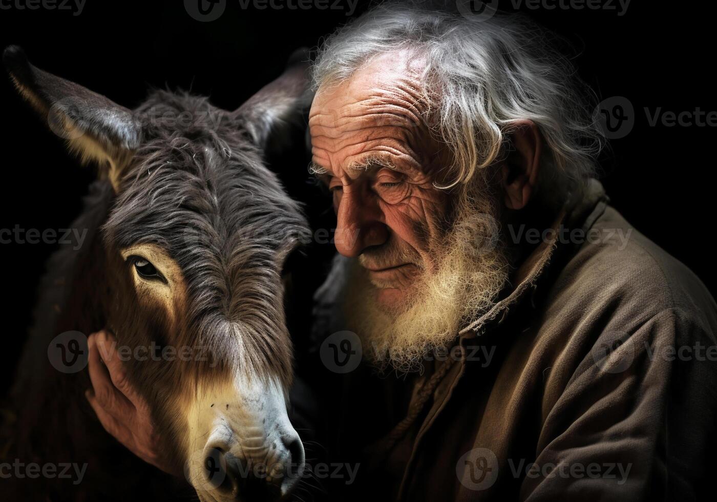 ai generiert Porträt von ein Moment von Zuneigung zwischen ein Alten Farmer und seine Esel. Pflege und Aufmerksamkeit. inländisch und Bauernhof Tiere. foto