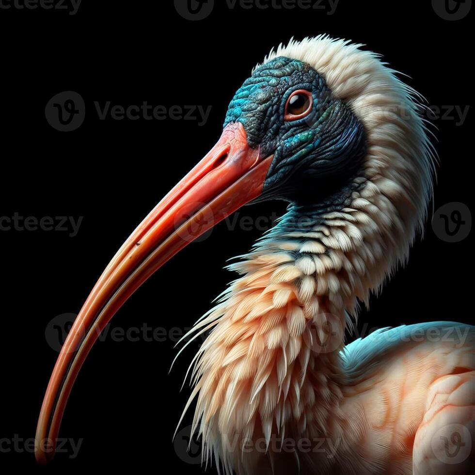 ai generiert realistisch ibis Vogel auf schwarz Hintergrund. wild Leben. foto