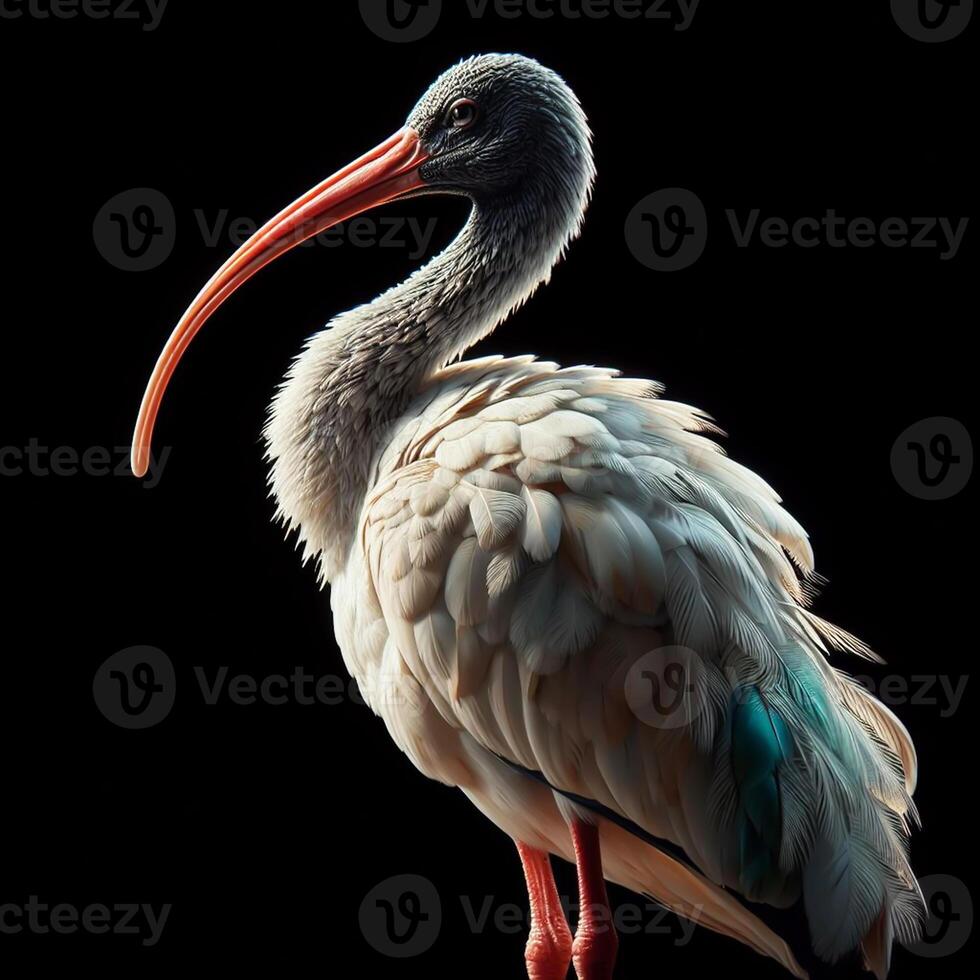 ai generiert realistisch ibis Vogel auf schwarz Hintergrund. wild Leben. foto
