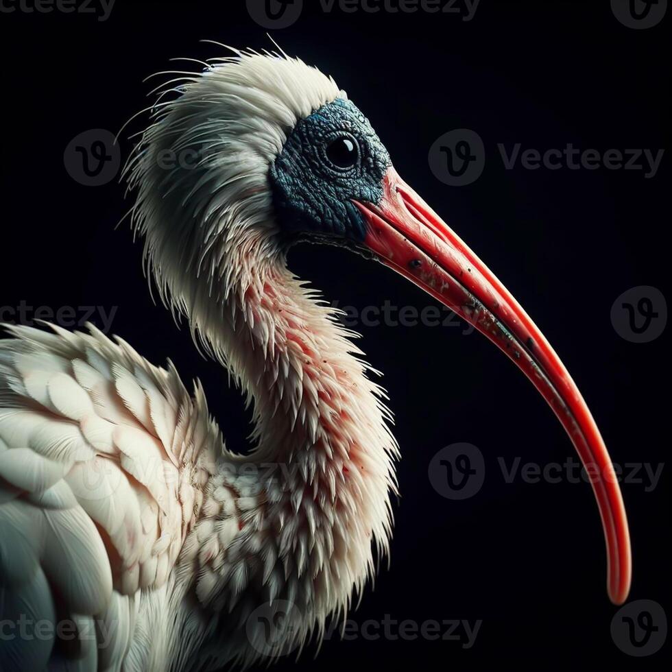 ai generiert realistisch ibis Vogel auf schwarz Hintergrund. wild Leben. foto