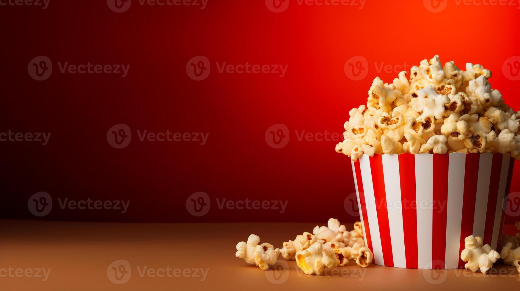 ai generiert gestreift Popcorn Box mit frisch Mais auf rot Gradient Hintergrund, perfekt zum Kopieren oder Design foto
