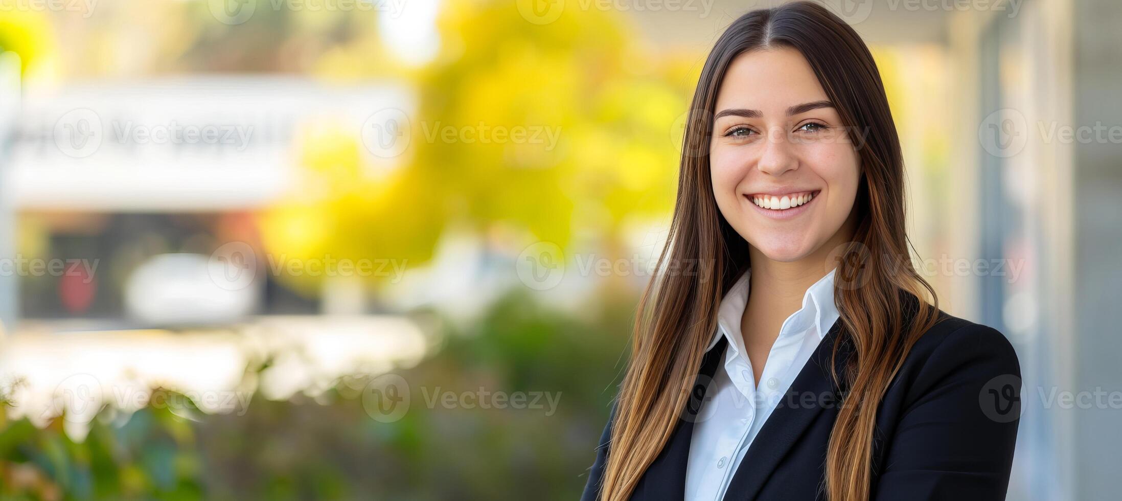 ai generiert Fachmann jung Geschäftsfrau draußen im verschwommen Geschäft Center Hintergrund mit Kopieren Raum foto