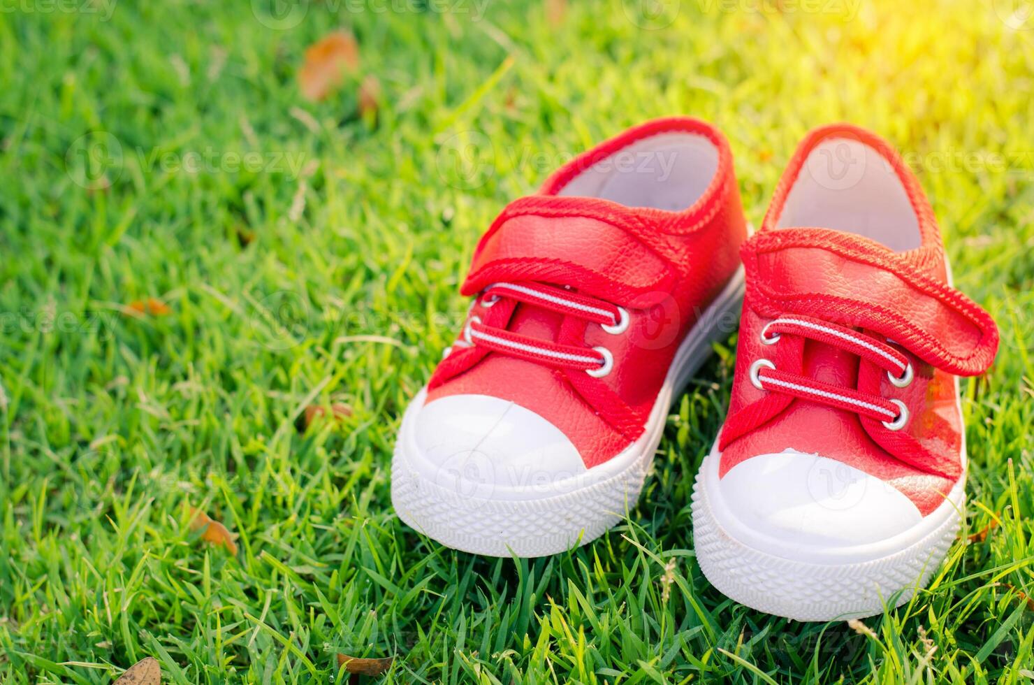 rot Schuhe zum Kinder auf Grün Gras Fußboden foto
