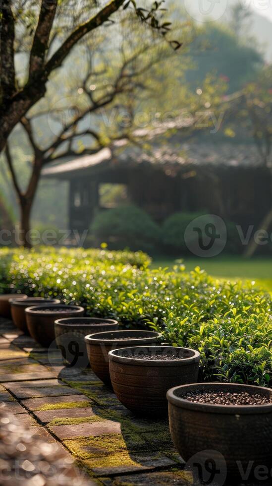 ai generiert ein still Tee Garten Pfad gefüttert mit groß Töpfe von Tee Blätter, Ideal zum Themen von Landwirtschaft, Natur, und Meditation. Vertikale Format. foto
