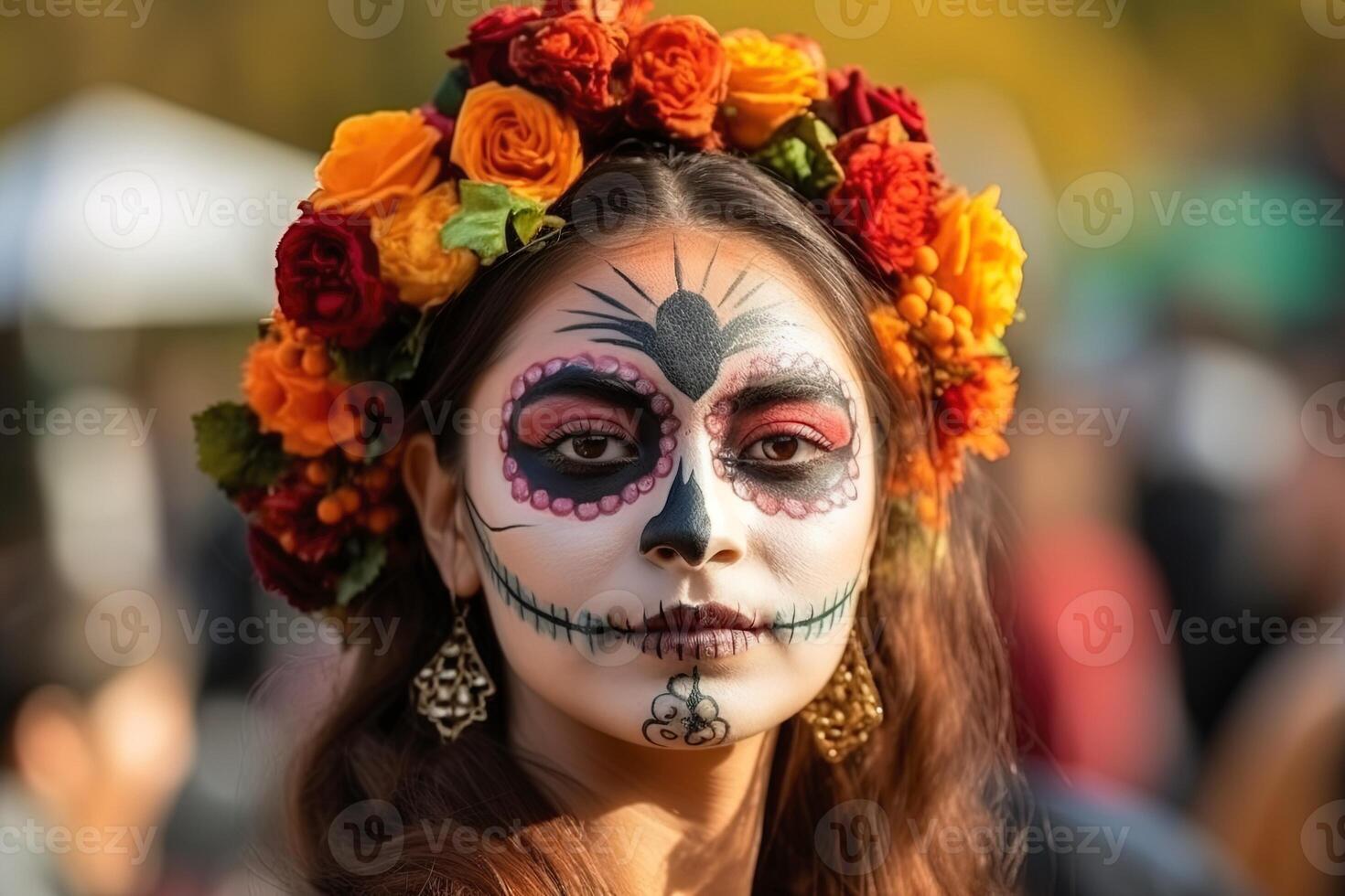 ai generiert Porträt von ein schön jung Mexikaner Frau mit Schädel bilden und Blumen auf Tag von Tod foto