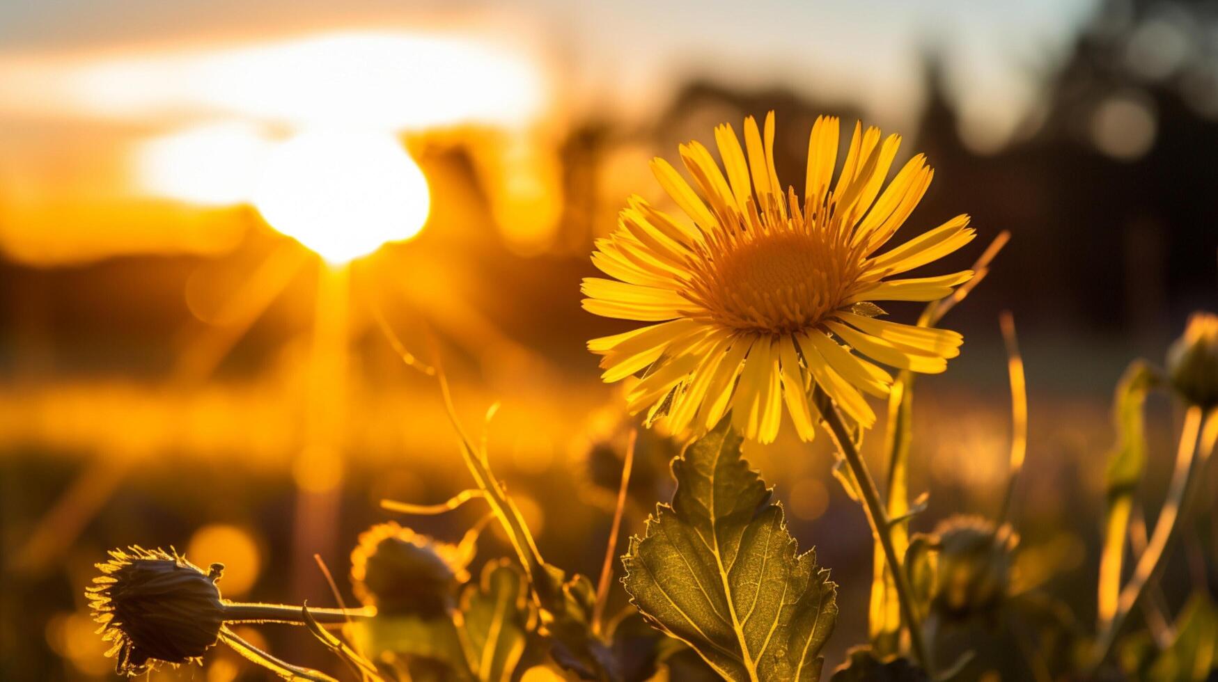 ai generiert beschwingt Gelb Wildblume im Wiese von hinten beleuchtet durch Sonnenuntergang Sonne foto