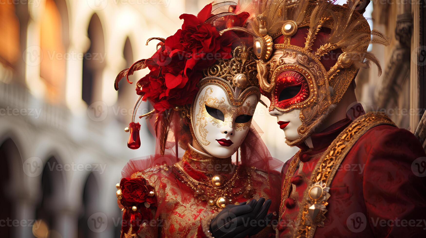 ai generiert Karneval Festival im Venedig Paar von Barock Masken foto