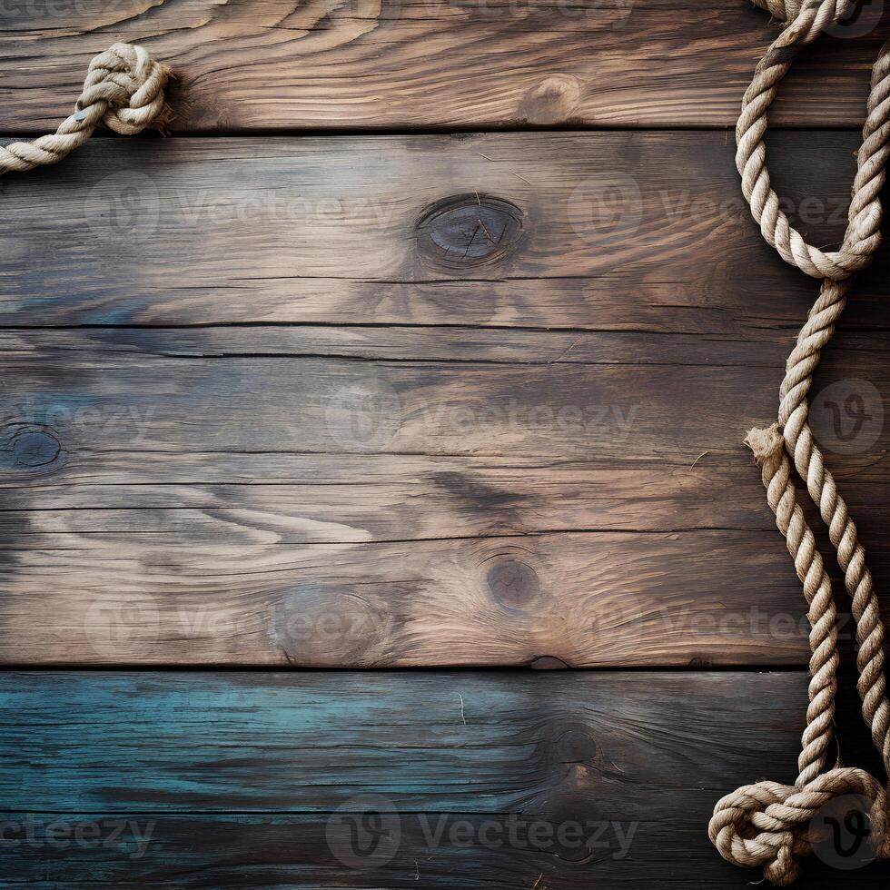 ai generiert Hintergrund mit maritim Holz und Seil und leeren Raum foto