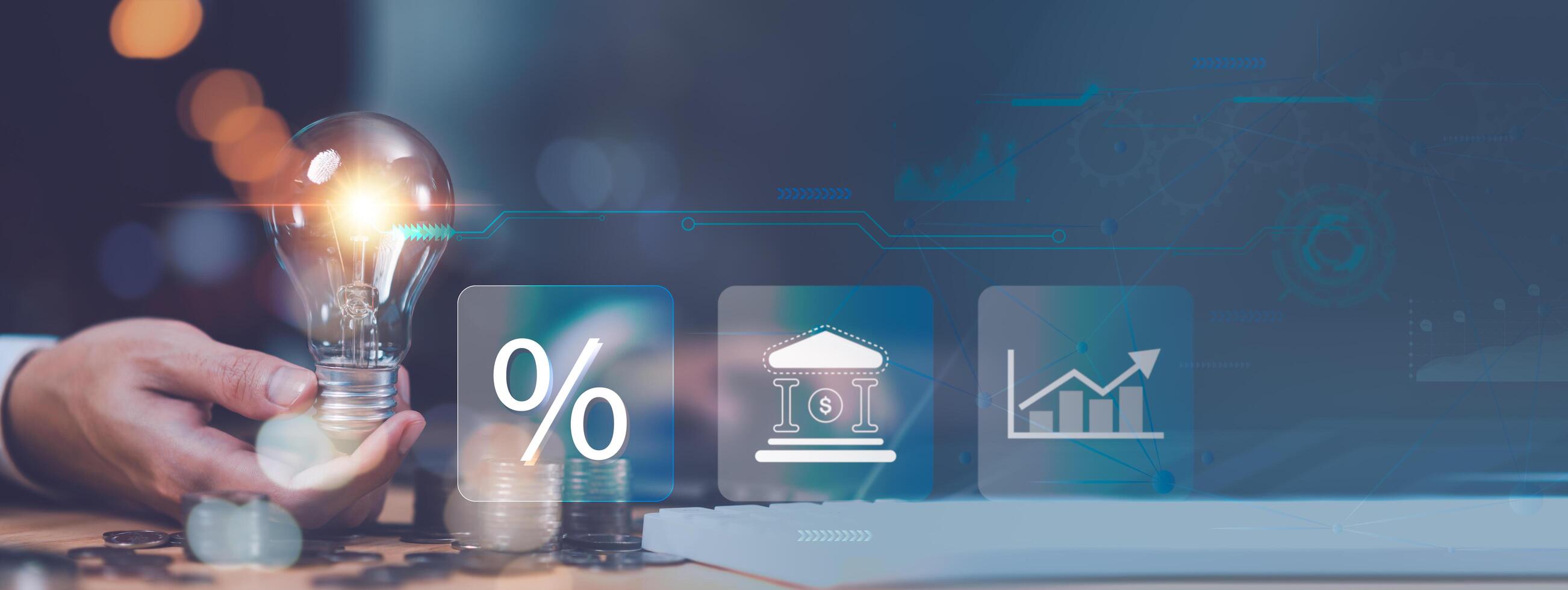 Konzept Interesse Preise und Dividenden ,Investition Wachstum Prozentsatz und Interesse auf Einlagen ,Zunahme im Interesse Preise ,Ruhestand kehrt zurück ,Zunahme von Geschäft Gewinne, Finanzen und Investition foto