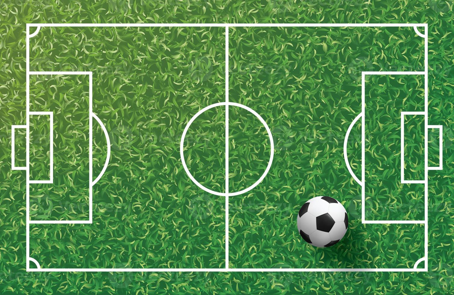 Fußball Fußball Ball auf grünem Gras von Fußballplatz Muster und Textur Hintergrund. Illustrationsgrafik. foto