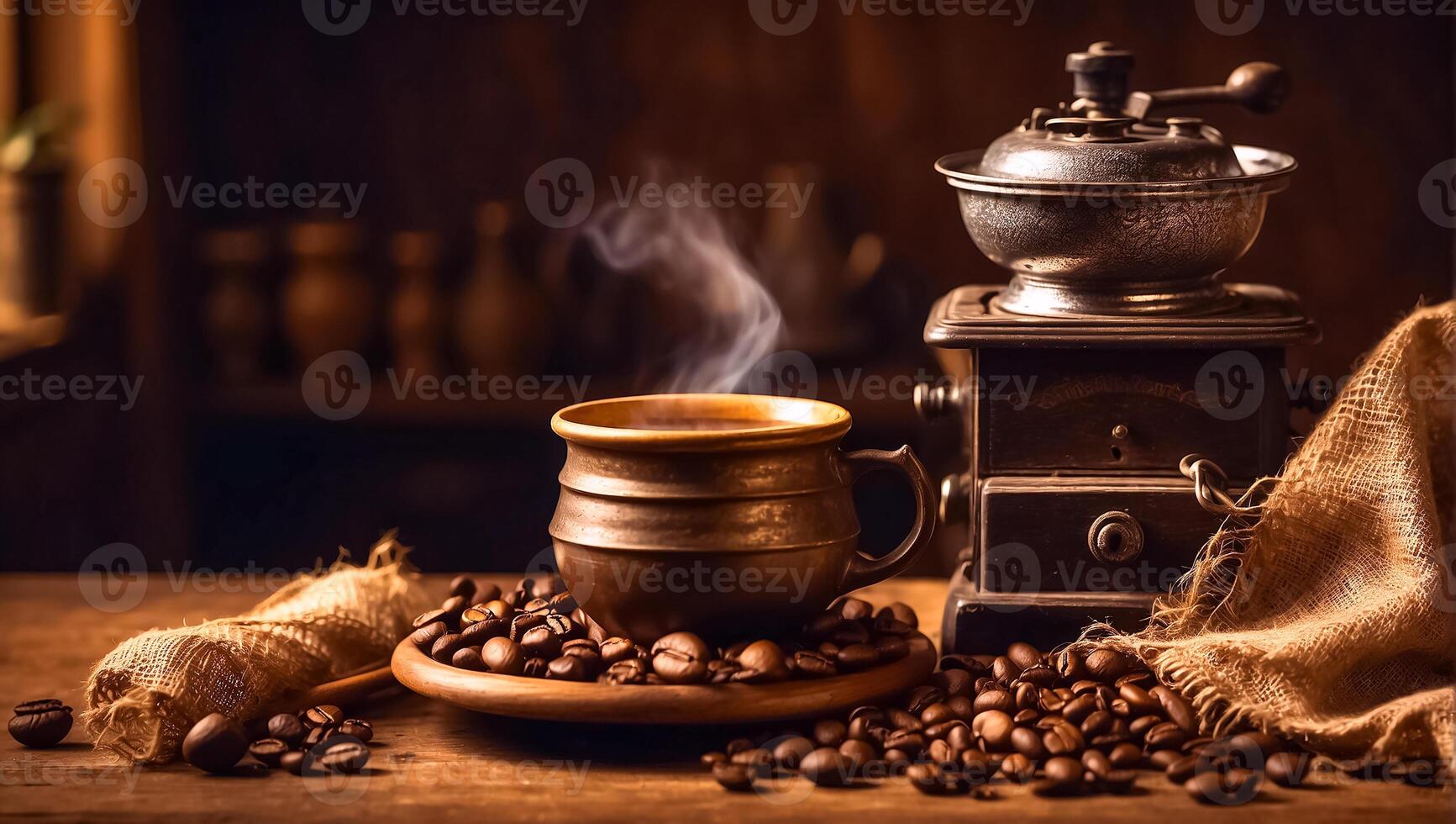 ai generiert Tasse von Kaffee, Körner Jahrgang Hintergrund foto