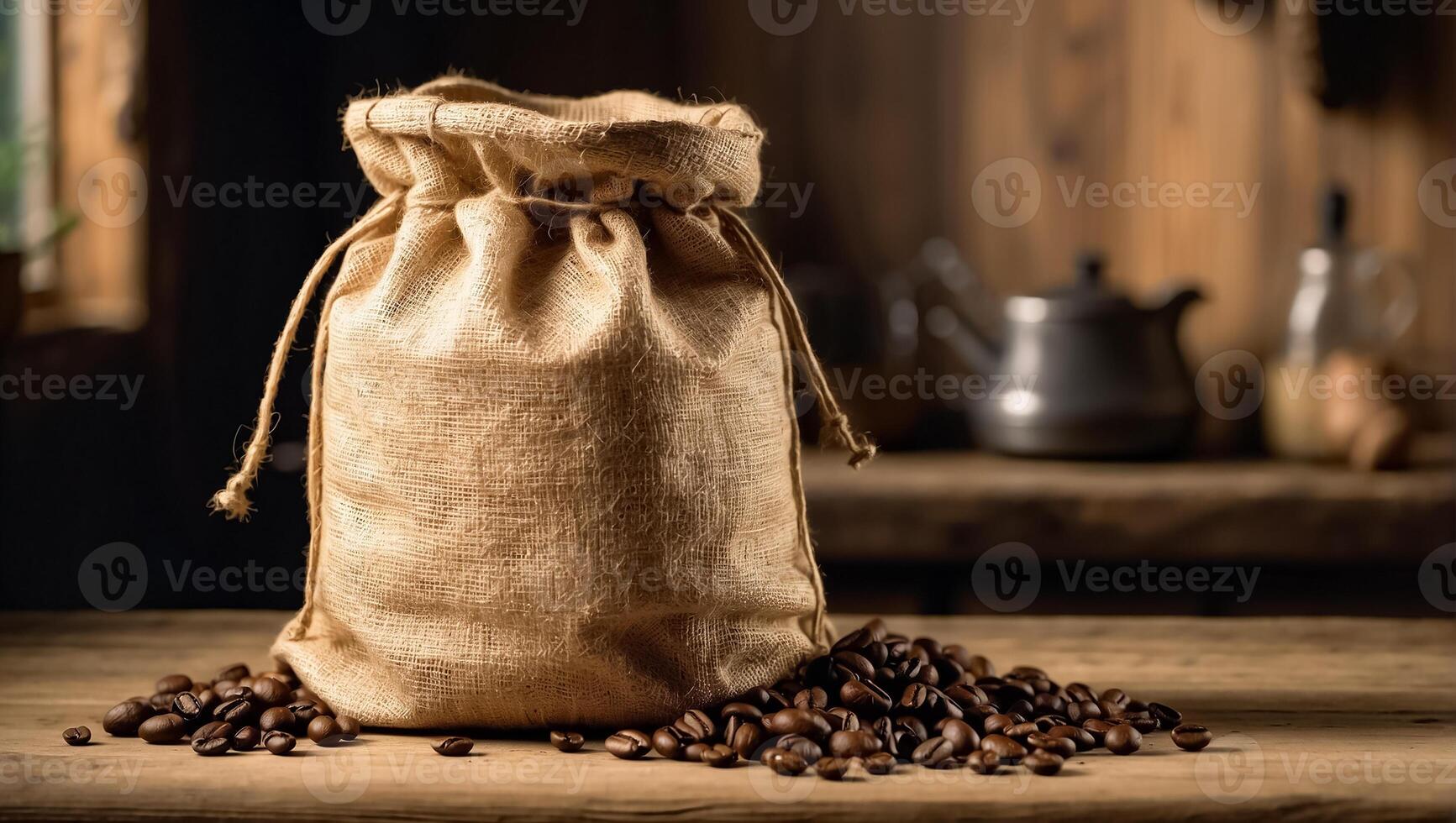 ai generiert Tasche von Kaffee Bohnen im das Küche foto