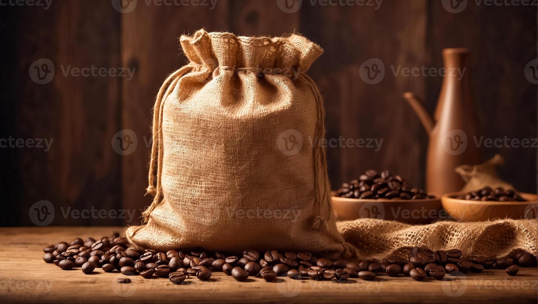 ai generiert Tasche von Kaffee Bohnen im das Küche foto