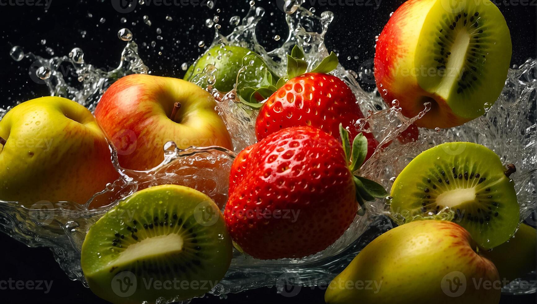 ai generiert frisch reif Obst und Erdbeere, Wasser Tropfen, Spritzen foto