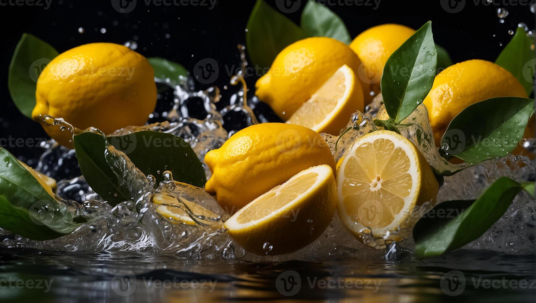 ai generiert frisch reif Zitronen, Wasser Tropfen, Spritzen foto