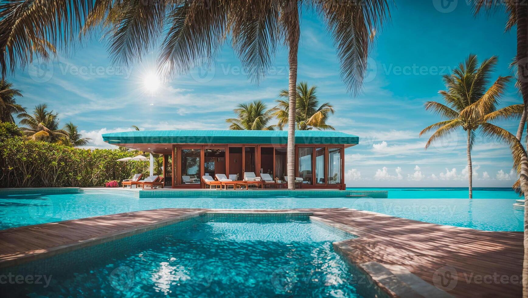 ai generiert schön Hotel mit ein Schwimmen Schwimmbad foto