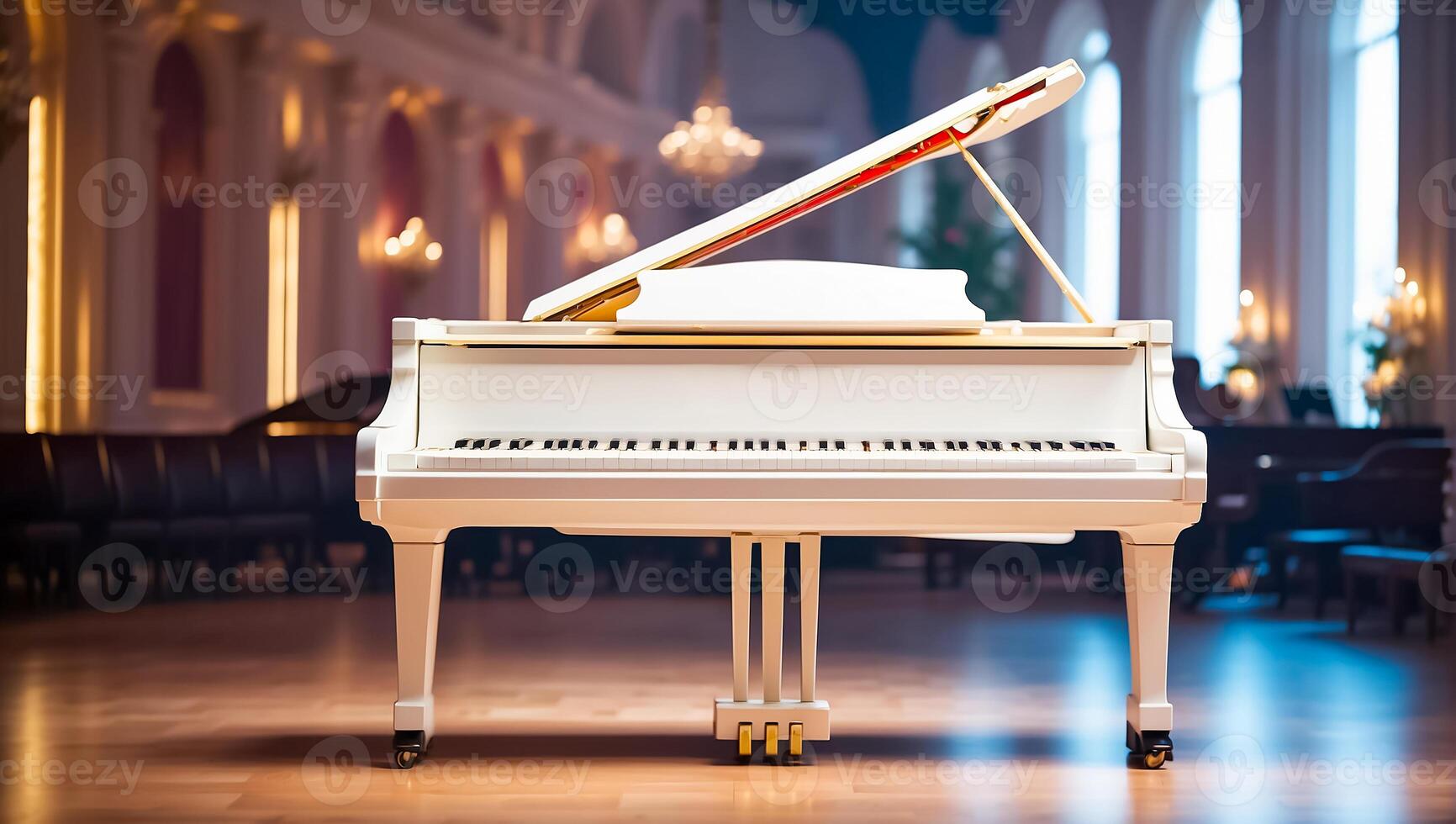 ai generiert schön Weiß Klavier im das Konzert Halle foto