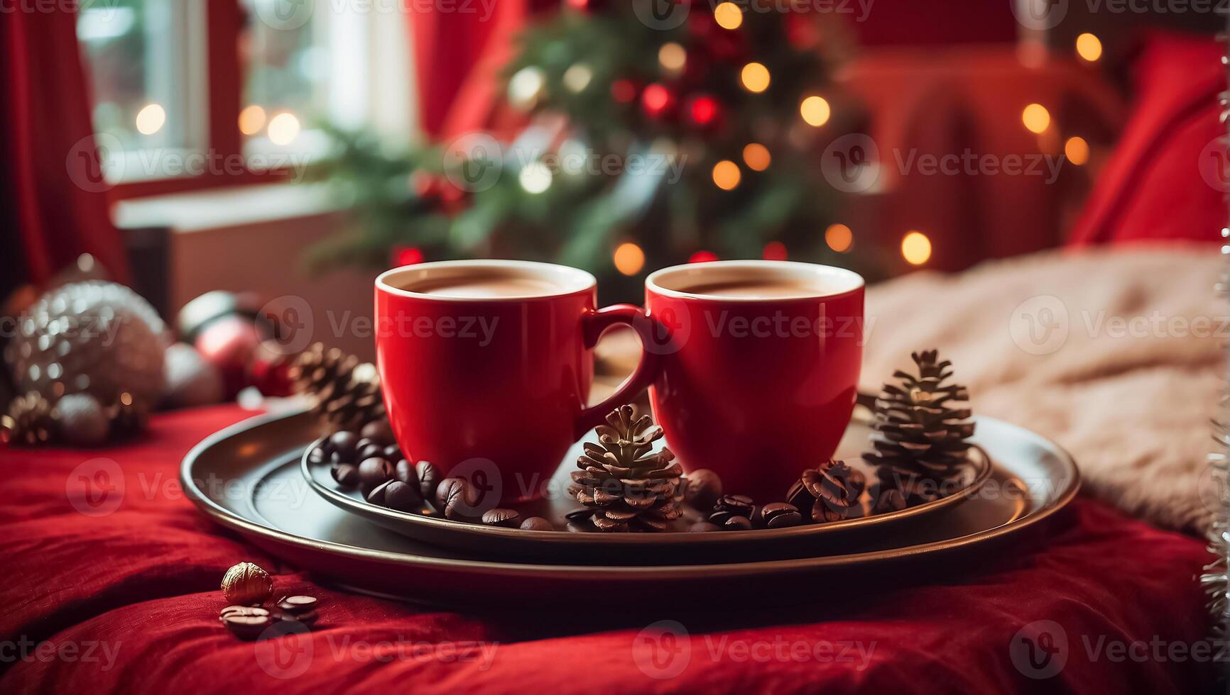 ai generiert schön Tassen mit Kaffee auf ein Tablett, ein Kiefer Kegel, ein Weihnachten Baum Zweig, im das Schlafzimmer foto