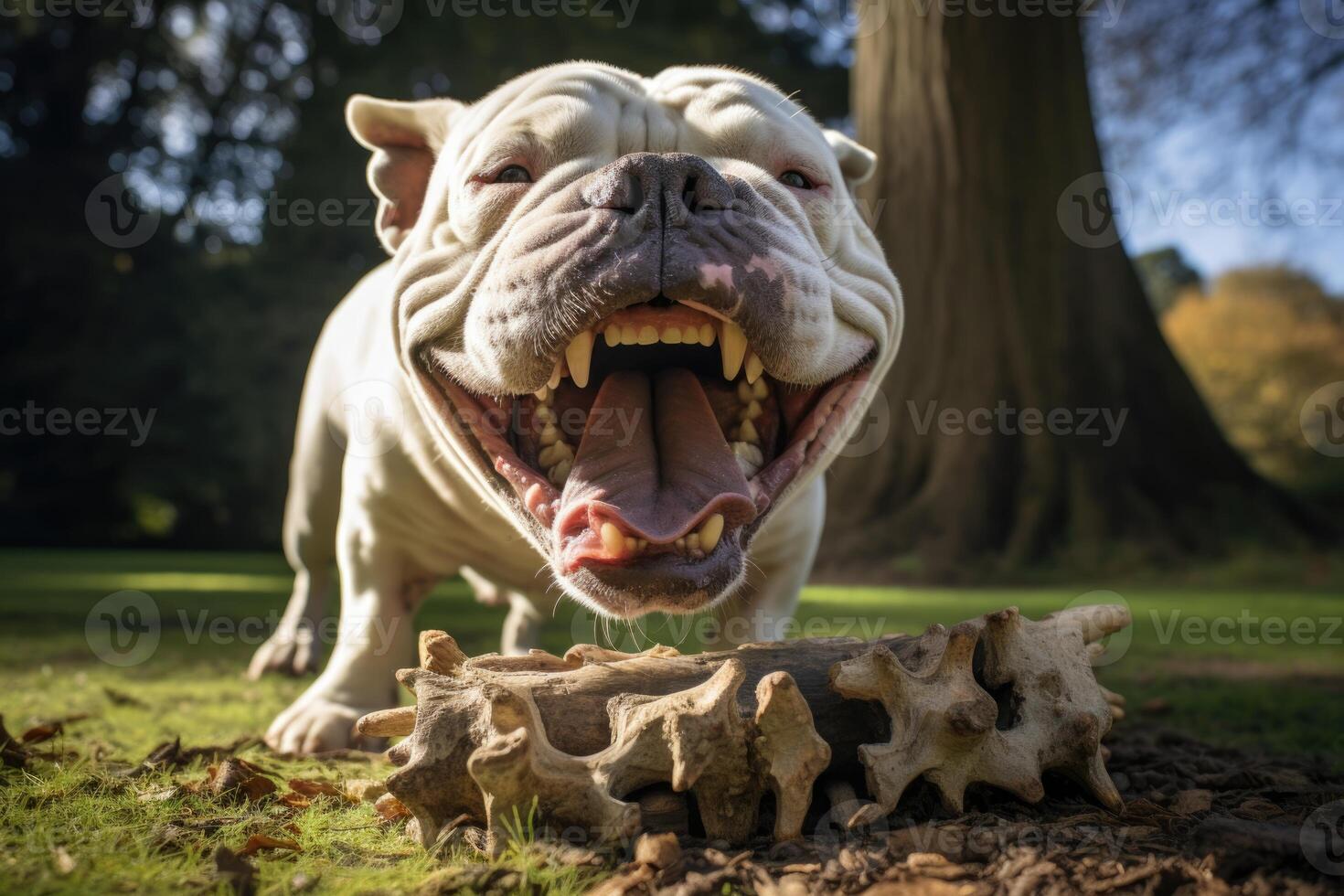 ai generiert wütend Bulldogge mit groß Zähne auf das Straße foto