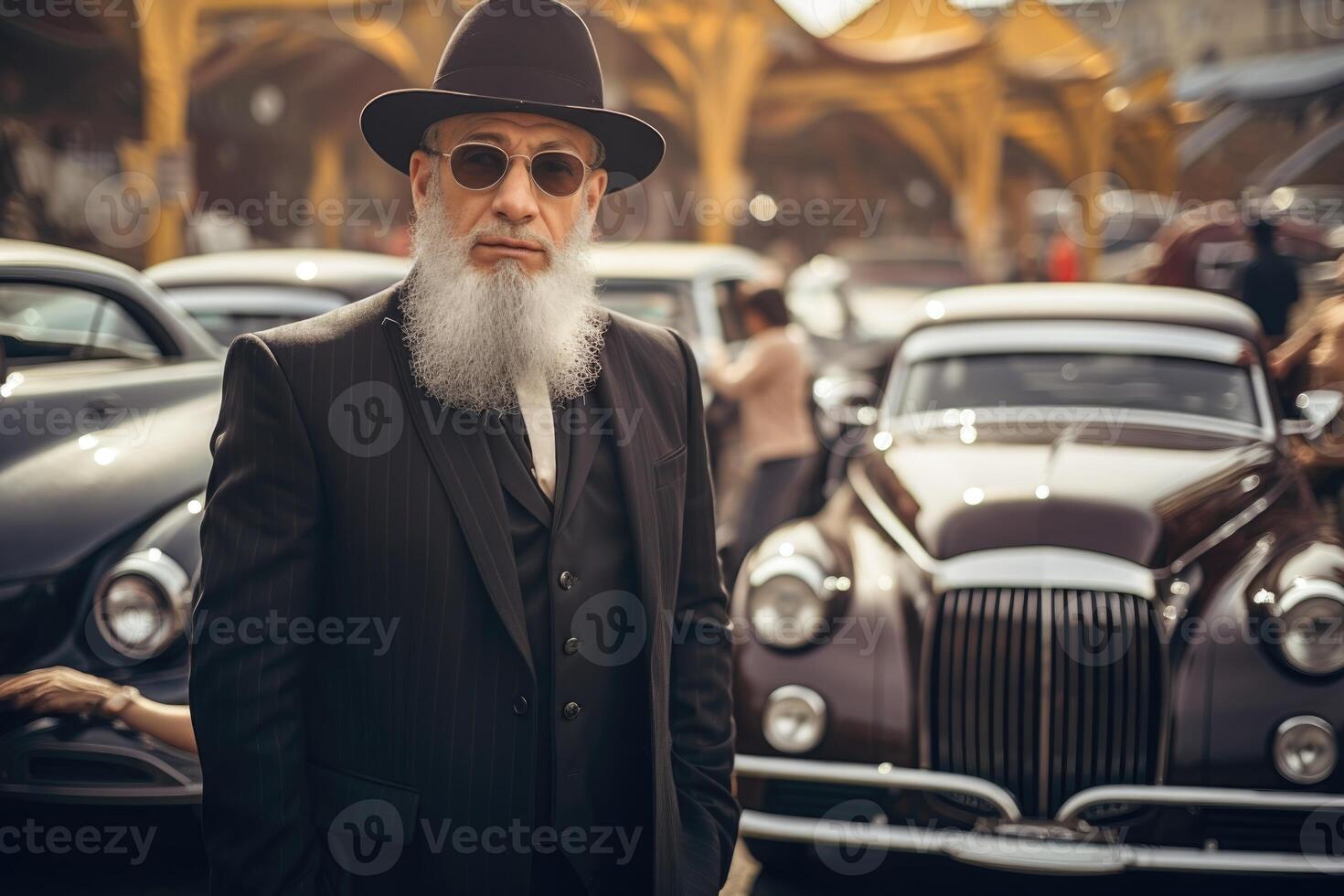 ai generiert ein Porträt von ein Alten Mann im schwarz Kleider und ein Hut steht gegen das Hintergrund von Jahrgang Autos foto