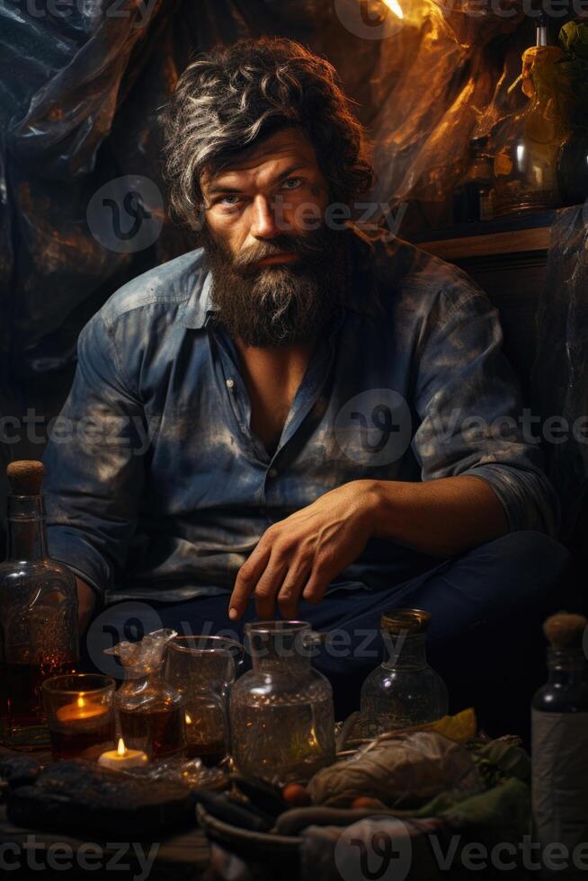 ai generiert Porträt von ein alkoholisch Mann mit ein Bart auf ein dunkel Hintergrund foto