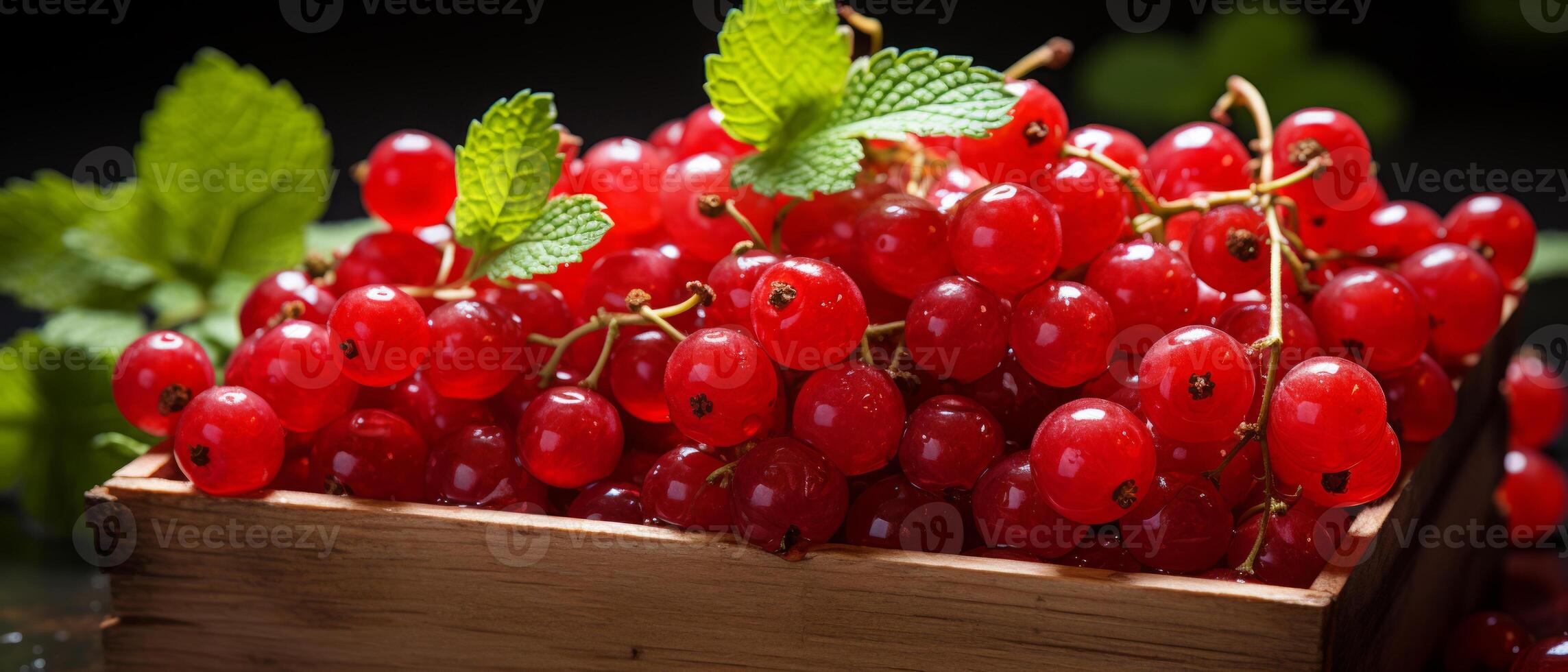 ai generiert beschwingt rot Johannisbeeren im ein hölzern Kiste gegen ein dunkel Hintergrund. foto