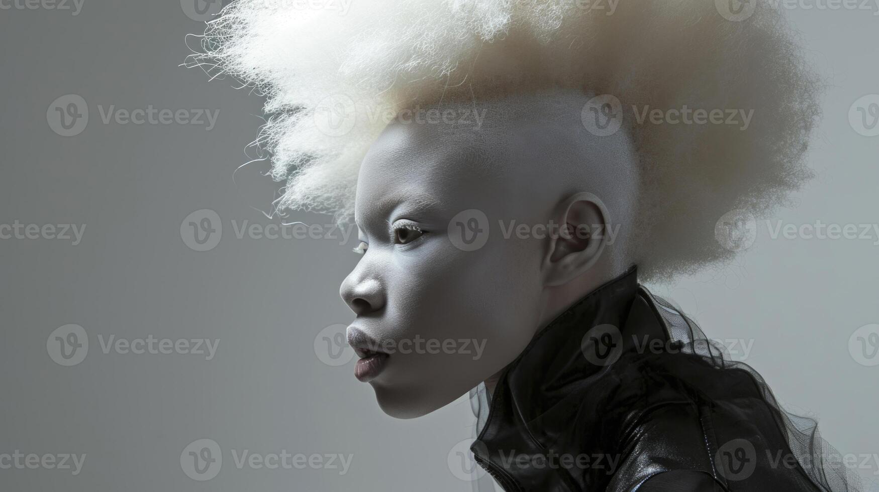 ai generiert Porträt von ein Albino afrikanisch Mädchen mit Weiß Haar Nahansicht foto