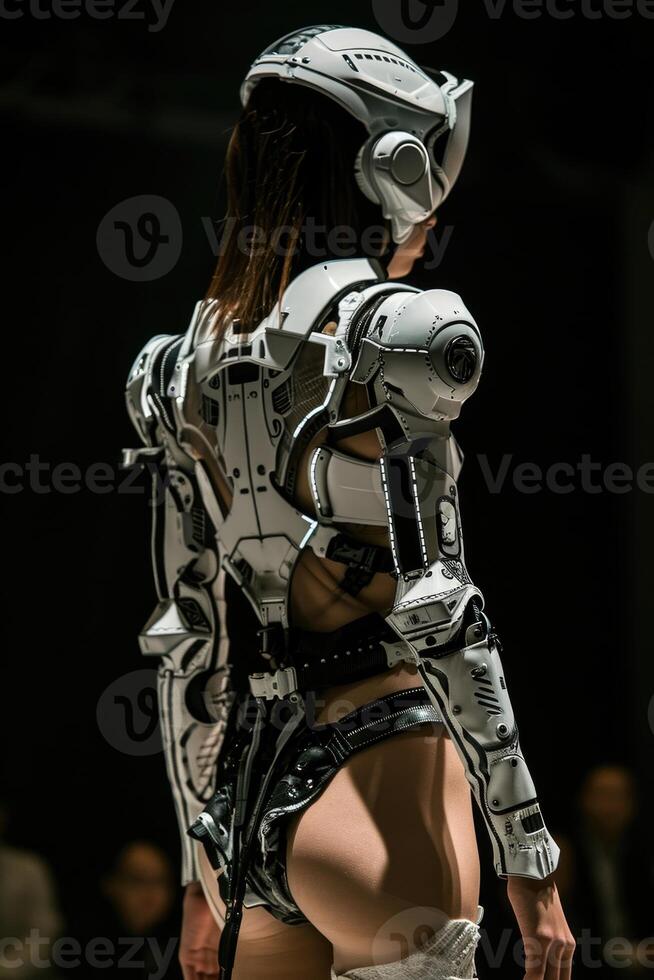 ai generiert futuristisch Frau im ein Cyborg Kostüm beim ein Mode Show foto