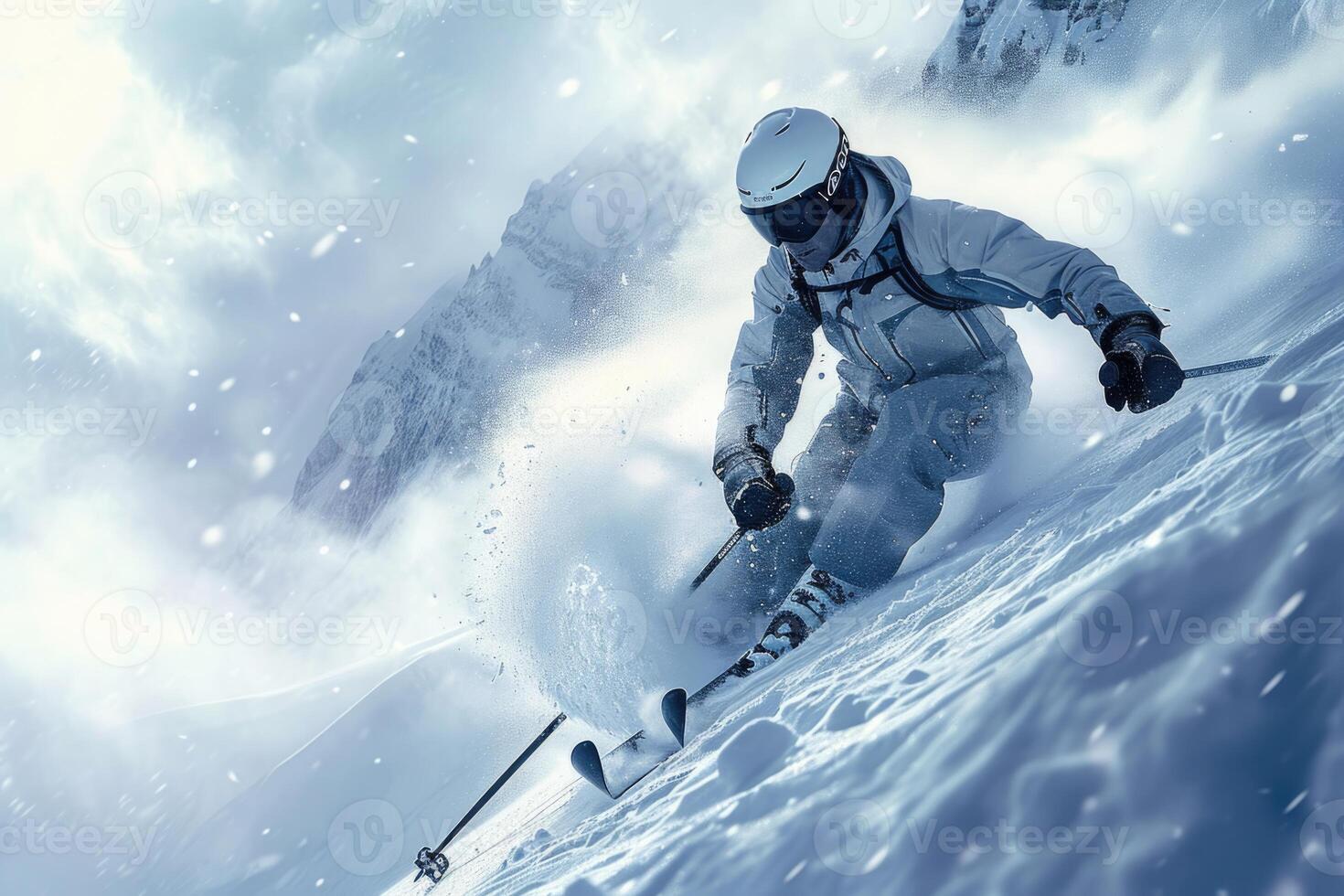 ai generiert ein Athlet Skifahrer macht ein Abstammung auf ein schneebedeckt Berg. Skifahren foto