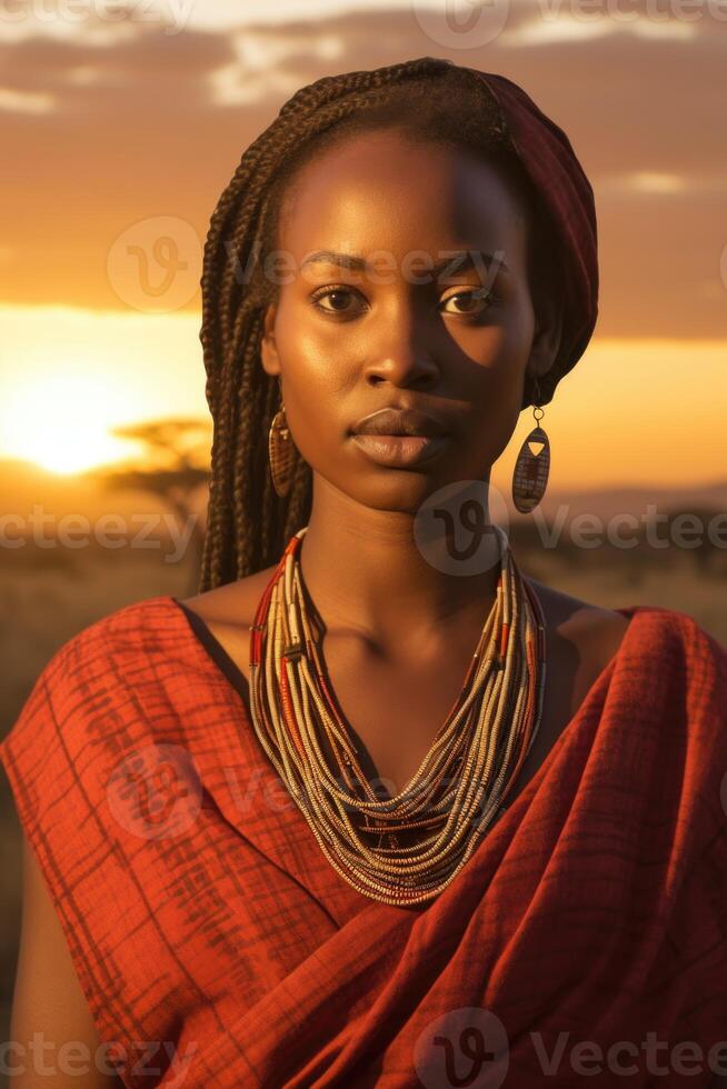 ai generiert Porträt von ein afrikanisch Mädchen im National Kleider und im ein National Kopfschmuck auf das Hintergrund von das Savanne foto