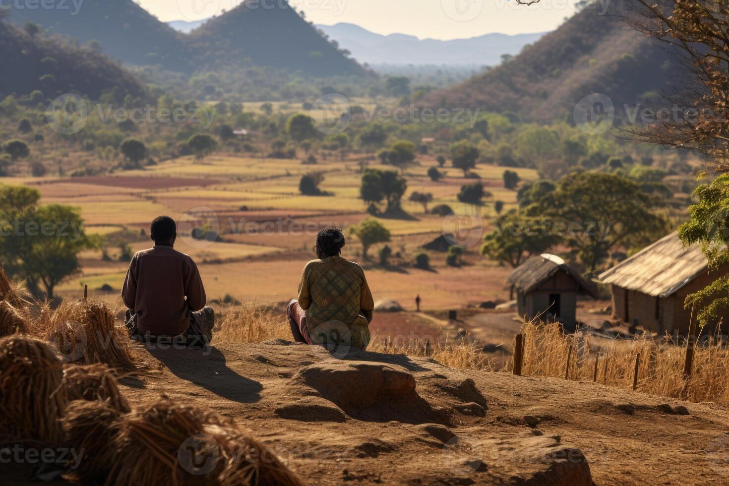 ai generiert zwei lokal Afrikaner sind Sitzung gegen das Hintergrund von Natur. das Landschaft von Afrika foto