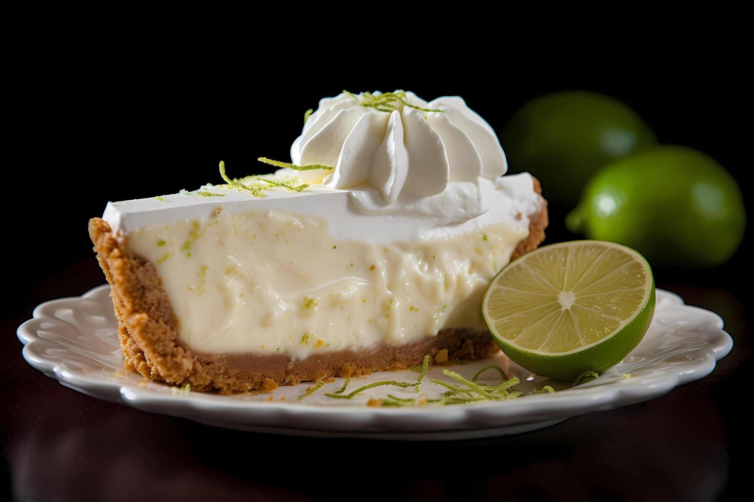 ai generiert Schlüssel Limette Kuchen - - ein Geliebte Dessert von das Florida Schlüssel, Schlüssel Limette Kuchen ist gemacht mit ein scharf Füllung von Schlüssel Limette Saft und kondensiert Milch im ein Graham Cracker Kruste foto