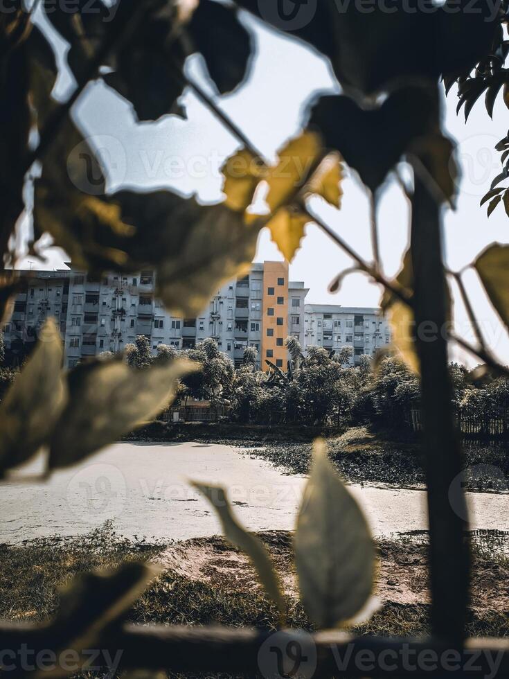 ein Aussicht von ein Gebäude durch ein Zaun foto